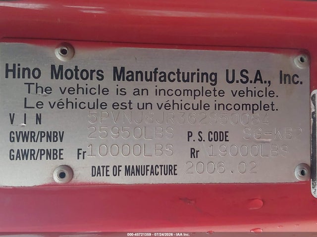 Auction sale of the 2006 Hino Hino 268, vin: 5PVNJ8JR362S50084, lot number: 45721359