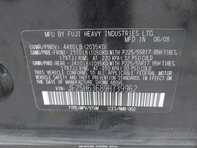 2009 Subaru Forester 2.5x მანქანა იყიდება აუქციონზე, vin: JF2SH63689H739962, აუქციონის ნომერი: 45721365