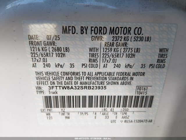 Продаж на аукціоні авто 2025 Ford Maverick Xl, vin: 3FTTW8A32SRB23935, номер лоту: 45721379