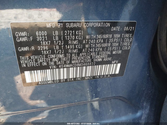 45721382 :رقم المزاد ، 4S4WMACD8M3468822 vin ، 2021 Subaru Ascent Premium مزاد بيع