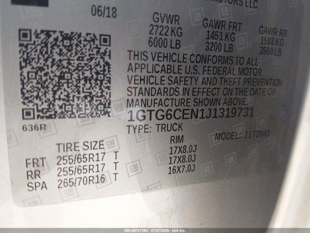 Продаж на аукціоні авто 2018 Gmc Canyon Sle, vin: 1GTG6CEN1J1319731, номер лоту: 45721390