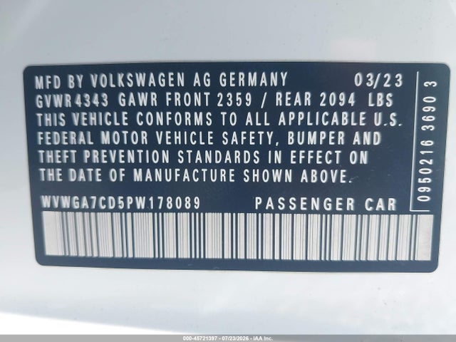 Продажа на аукционе авто 2023 Volkswagen Golf Gti 2.0t S, vin: WVWGA7CD5PW178089, номер лота: 45721397