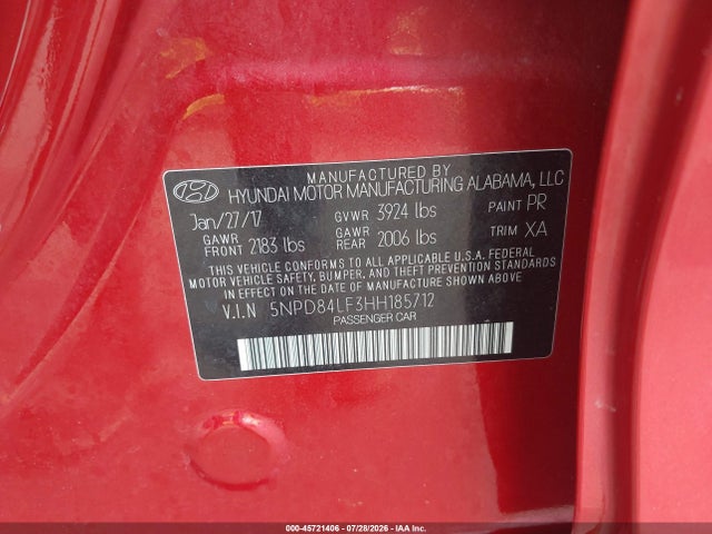 Aukcja sprzedaży 2017 Hyundai Elantra Se, vin: 5NPD84LF3HH185712, numer aukcji: 45721406