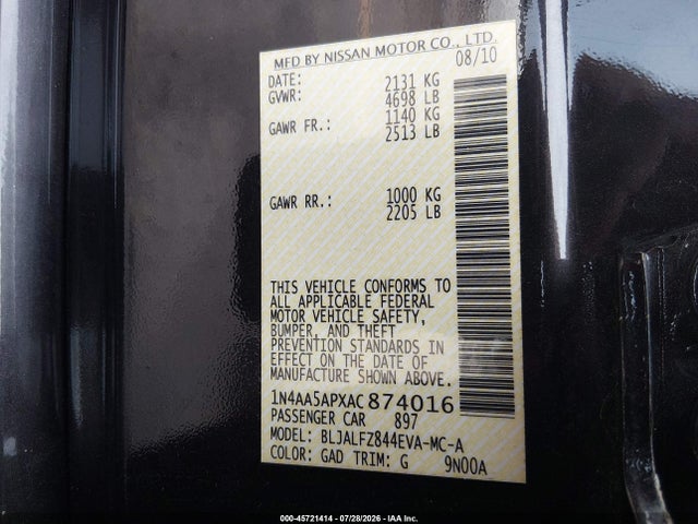 Продаж на аукціоні авто 2010 Nissan Maxima 3.5 Sv, vin: 1N4AA5APXAC874016, номер лоту: 45721414