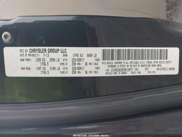 45721430 :رقم المزاد ، 2C4RDGBG9DR819972 vin ، 2013 Dodge Grand Caravan American Value Pkg مزاد بيع