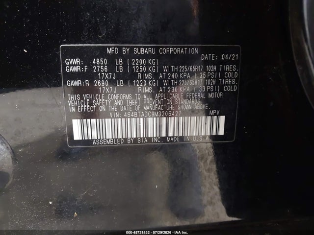 45721432 :رقم المزاد ، 4S4BTADC9M3206427 vin ، 2021 Subaru Outback Premium مزاد بيع