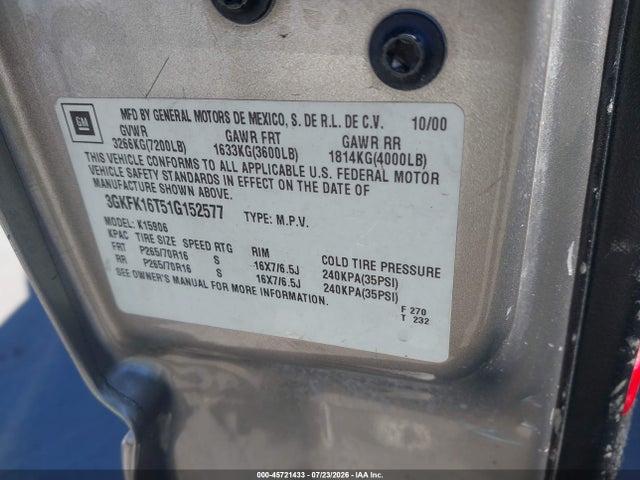 2001 Gmc Yukon Xl 1500 Slt მანქანა იყიდება აუქციონზე, vin: 3GKFK16T51G152577, აუქციონის ნომერი: 45721433