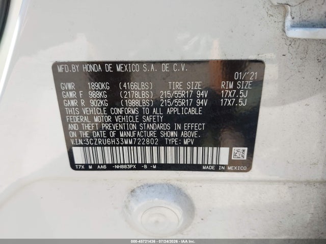 45721436 :رقم المزاد ، 3CZRU6H33MM722802 vin ، 2021 Honda Hr-v Awd Lx مزاد بيع