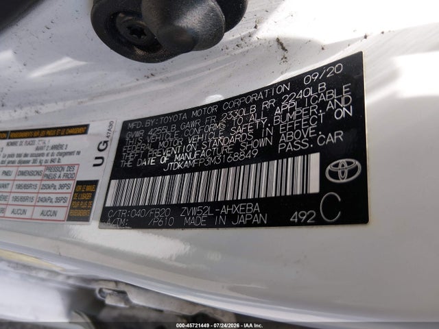 JTDKAMFP3M3168849 Toyota Prius Prime Le