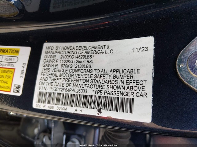 Aukcja sprzedaży 2024 Honda Accord Hybrid Ex-l, vin: 1HGCY2F64RA026333, numer aukcji: 45721459