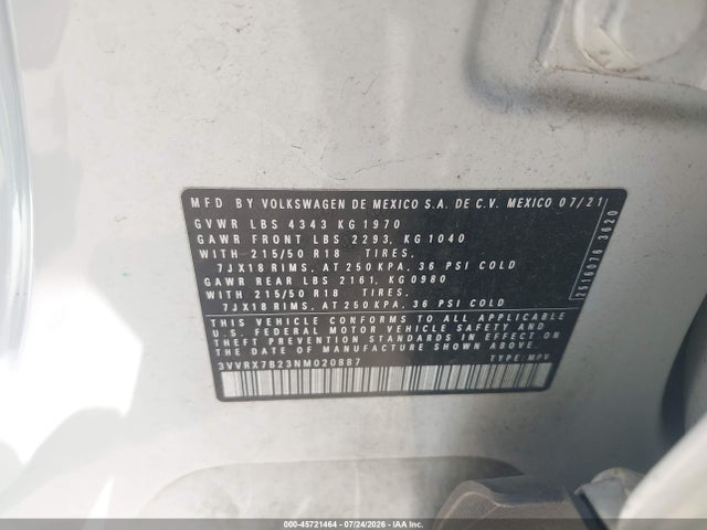 2022 Volkswagen Taos 1.5t Se მანქანა იყიდება აუქციონზე, vin: 3VVRX7B23NM020887, აუქციონის ნომერი: 45721464