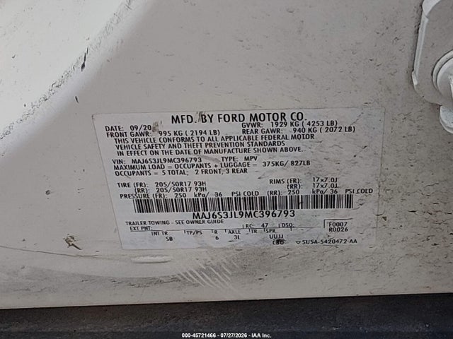 45721466 :رقم المزاد ، MAJ6S3JL9MC396793 vin ، 2021 Ford Ecosport Ses مزاد بيع