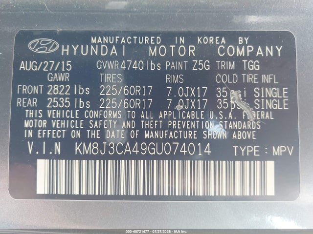Aukcja sprzedaży 2016 Hyundai Tucson Se, vin: KM8J3CA49GU074014, numer aukcji: 45721477