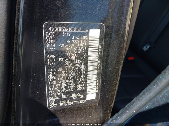 45721484 :رقم المزاد ، JN8AF5MV4CT120008 vin ، 2012 Nissan Juke Sl مزاد بيع