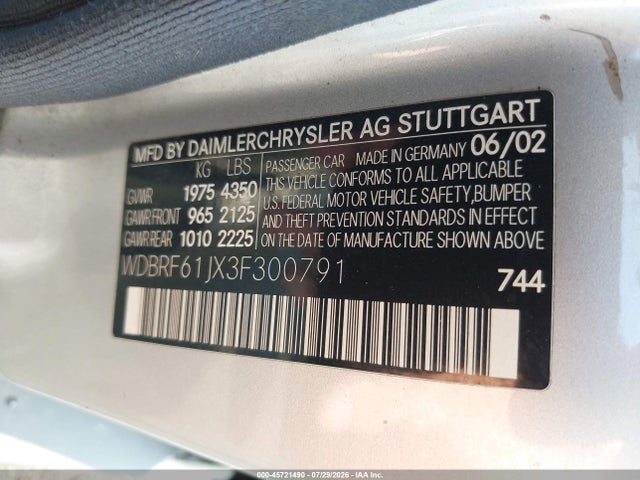Aukcja sprzedaży 2003 Mercedes-benz C 240, vin: WDBRF61JX3F300791, numer aukcji: 45721490