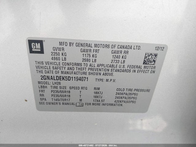 Продажа на аукционе авто 2013 Chevrolet Equinox Lt, vin: 2GNALDEK5D1194071, номер лота: 45721492