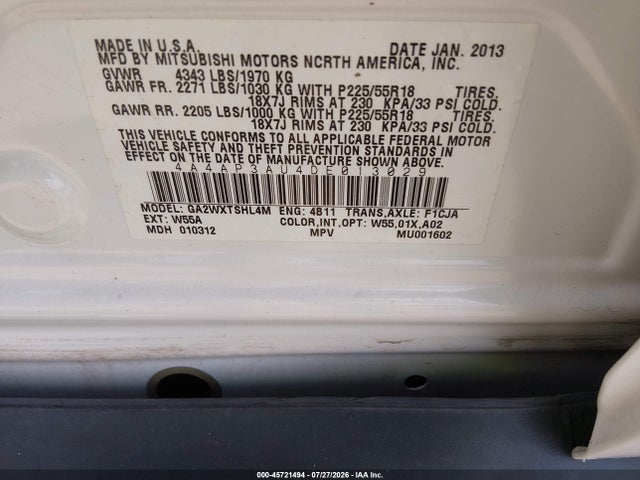 Продаж на аукціоні авто 2013 Mitsubishi Outlander Sport Es, vin: 4A4AP3AU4DE013029, номер лоту: 45721494