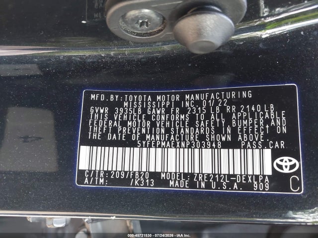 Aukcja sprzedaży 2022 Toyota Corolla Le, vin: 5YFEPMAEXNP303948, numer aukcji: 45721530