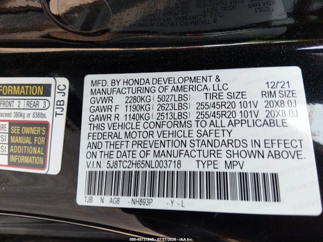 45721545 :رقم المزاد ، 5J8TC2H65NL003718 vin ، 2022 Acura Rdx A-spec Package مزاد بيع