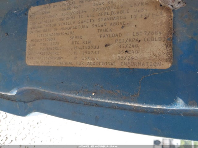 45721557 :رقم المزاد ، 1GTCS14Z3N8504282 vin ، 1992 Gmc Sonoma مزاد بيع