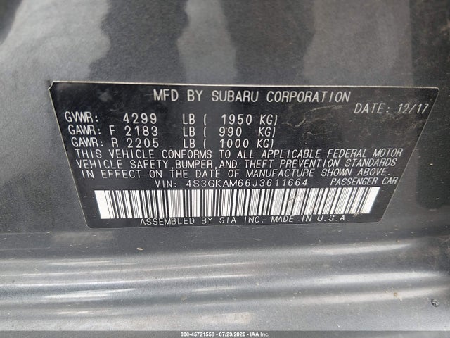 Aukcja sprzedaży 2018 Subaru Impreza 2.0i Sport, vin: 4S3GKAM66J3611664, numer aukcji: 45721558