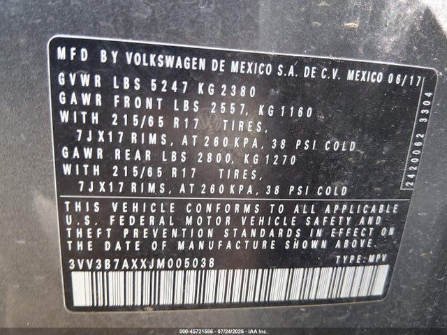 45721566 :رقم المزاد ، 3VV3B7AXXJM005038 vin ، 2018 Volkswagen Tiguan 2.0t Se/2.0t Sel مزاد بيع