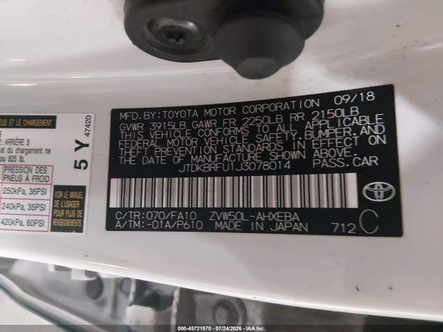 Toyota Prius Two 2018 JTDKBRFU1J3078014 Image 9
