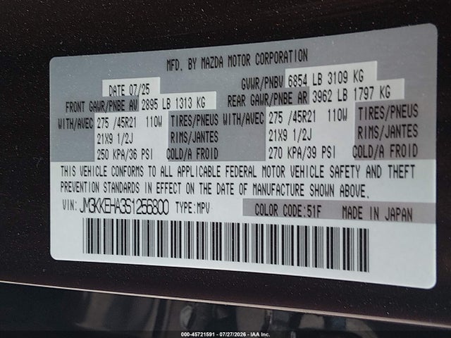 Aukcja sprzedaży 2025 Mazda Cx-90 Phev Premium Plus Package, vin: JM3KKEHA3S1256800, numer aukcji: 45721591