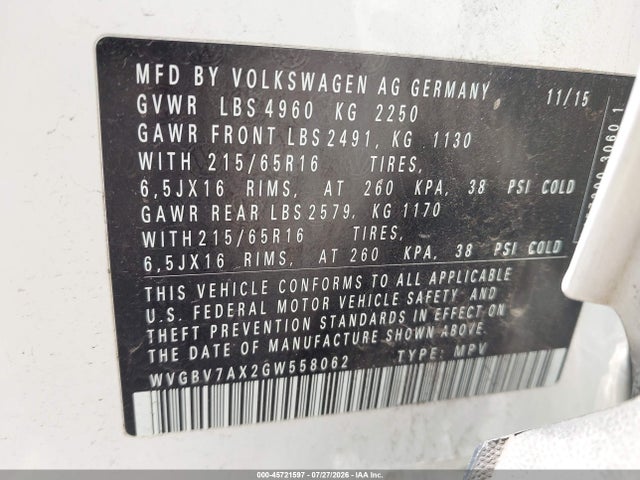 2016 Volkswagen Tiguan S მანქანა იყიდება აუქციონზე, vin: WVGBV7AX2GW558062, აუქციონის ნომერი: 45721597