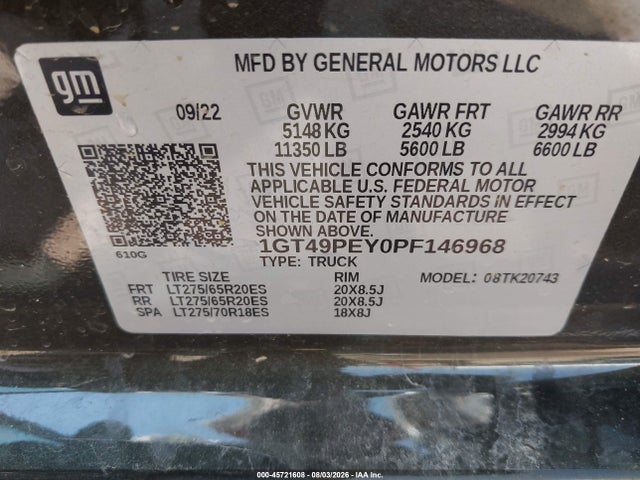 Aukcja sprzedaży 2023 Gmc Sierra 2500hd 4wd  Standard Bed At4, vin: 1GT49PEY0PF146968, numer aukcji: 45721608