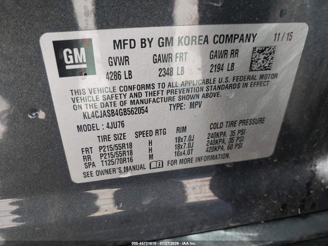 45721610 :رقم المزاد ، KL4CJASB4GB562054 vin ، 2016 Buick Encore مزاد بيع