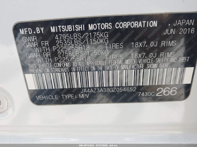 Aukcja sprzedaży 2016 Mitsubishi Outlander Se, vin: JA4AZ3A38GZ054652, numer aukcji: 45721623