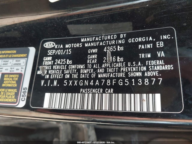 2015 Kia Optima Ex მანქანა იყიდება აუქციონზე, vin: 5XXGN4A78FG513877, აუქციონის ნომერი: 45721637