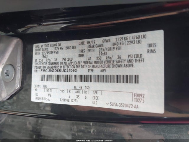 Aukcja sprzedaży 2019 Ford Escape Se, vin: 1FMCU9GD8KUC25093, numer aukcji: 45721643
