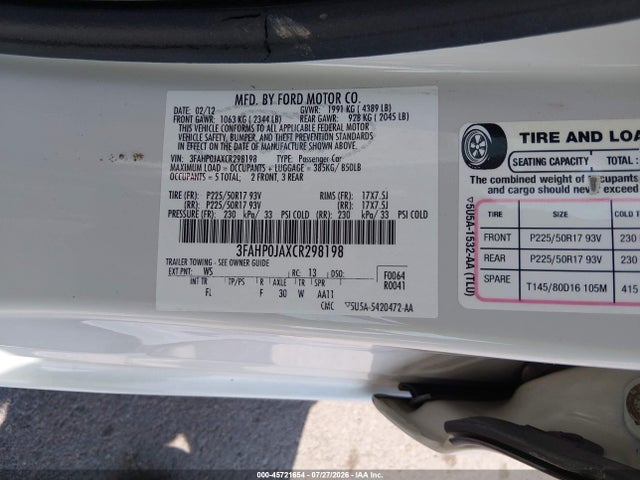 Aukcja sprzedaży 2012 Ford Fusion Sel, vin: 3FAHP0JAXCR298198, numer aukcji: 45721654