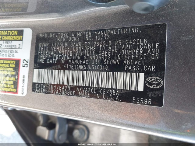 45721661 :رقم المزاد ، 4T1B11HK5JU540340 vin ، 2018 Toyota Camry L/le/xle/se/xse مزاد بيع