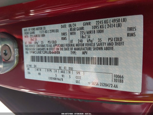 2024 Ford Escape Phev მანქანა იყიდება აუქციონზე, vin: 1FMCU0E12RUB44959, აუქციონის ნომერი: 45721668