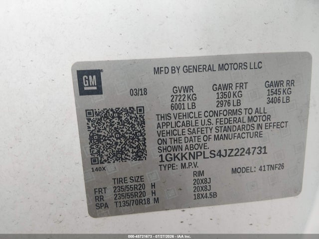 45721673 :رقم المزاد ، 1GKKNPLS4JZ224731 vin ، 2018 Gmc Acadia Denali مزاد بيع