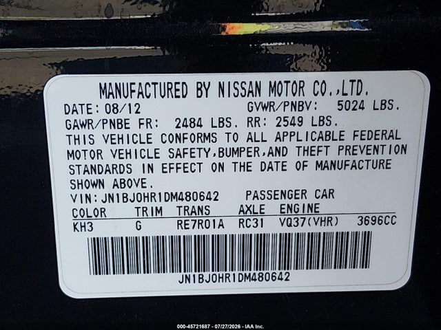 2013 Infiniti Ex37 Journey მანქანა იყიდება აუქციონზე, vin: JN1BJ0HR1DM480642, აუქციონის ნომერი: 45721687