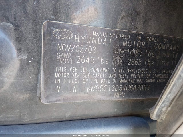 Продаж на аукціоні авто 2004 Hyundai Santa Fe Gls, vin: KM8SC13D34U643893, номер лоту: 45721691