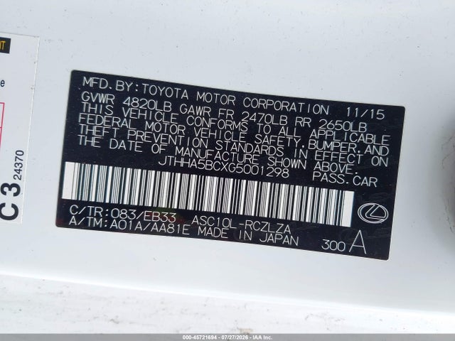 45721694 :رقم المزاد ، JTHHA5BCXG5001298 vin ، 2016 Lexus Rc 200t مزاد بيع