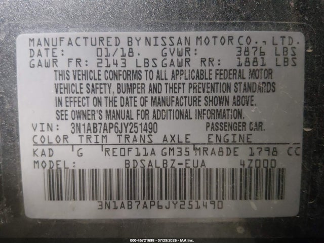 2018 Nissan Sentra S მანქანა იყიდება აუქციონზე, vin: 3N1AB7AP6JY251490, აუქციონის ნომერი: 45721698
