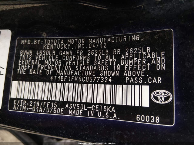 Продажа на аукционе авто 2012 Toyota Camry Se, vin: 4T1BF1FK6CU577324, номер лота: 45721699