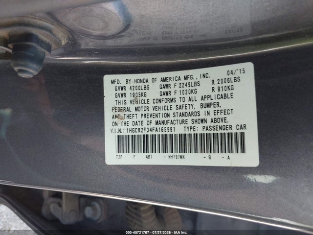 Honda ACCORD LX 2015 1HGCR2F34FA165991 Image 9