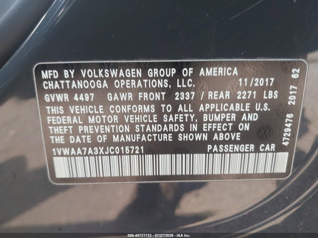 Продажа на аукционе авто 2018 Volkswagen Passat 2.0t R-line/2.0t S, vin: 1VWAA7A3XJC015721, номер лота: 45721723