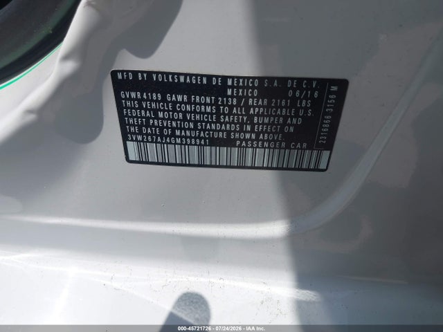 45721726 :رقم المزاد ، 3VW267AJ4GM398941 vin ، 2016 Volkswagen Jetta 1.4t S مزاد بيع
