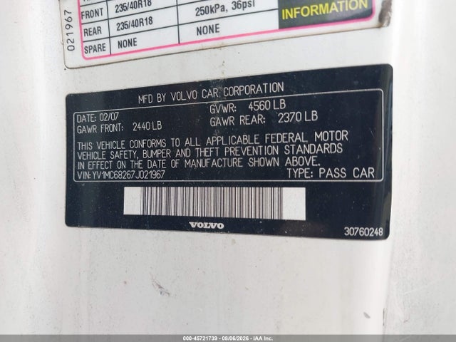Aukcja sprzedaży 2007 Volvo C70 T5, vin: YV1MC68267J021967, numer aukcji: 45721739
