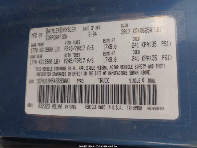 Aukcja sprzedaży 2004 Dodge Ram 1500 Slt/laramie, vin: 1D7HU18N54S693001, numer aukcji: 45721741