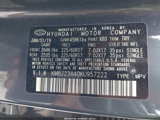Продажа на аукционе авто 2019 Hyundai Tucson Se, vin: KM8J23A40KU957222, номер лота: 45721745