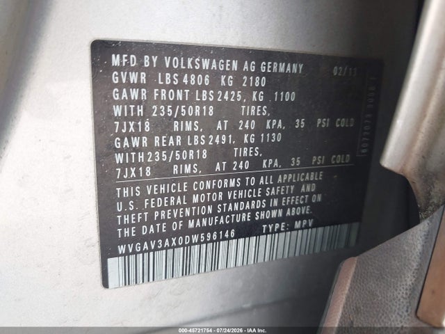 Aukcja sprzedaży 2013 Volkswagen Tiguan Se, vin: WVGAV3AX0DW596146, numer aukcji: 45721754